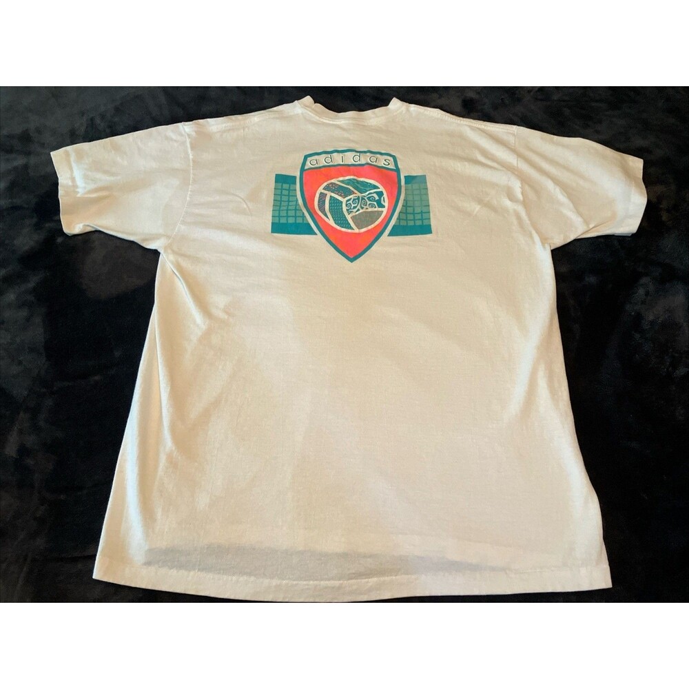 VTG 80s Adidas Volleyball Neon Graphic T Shirt White Sz XL Single Stitch
